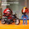 A detailed miniature collectible of an alloy motorbike helmet and motorcycle model on an orange surface.