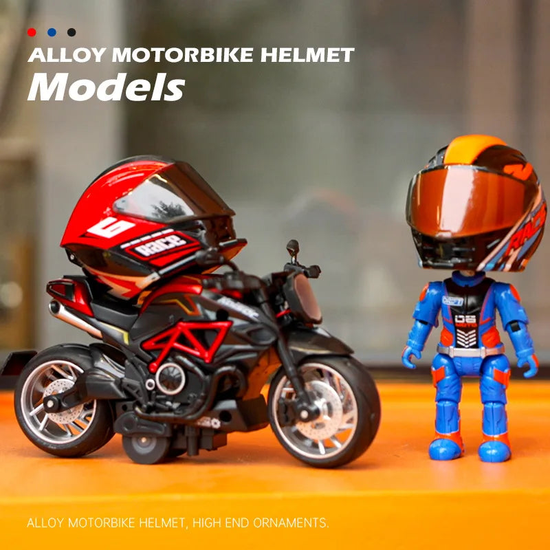 A detailed miniature collectible of an alloy motorbike helmet and motorcycle model on an orange surface.