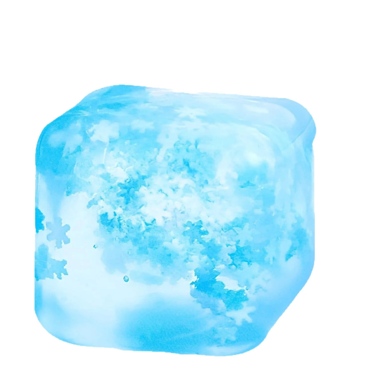 A translucent light blue squishy stress cube with a cloudy texture.