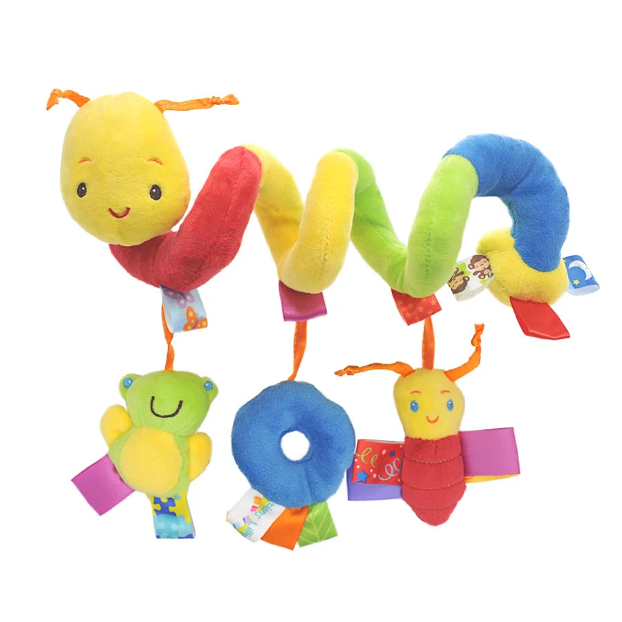A set of colorful spiral sensory rattle toys featuring yellow, green, and blue textures for babies.