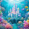 Vibrant underwater scene featuring a detailed castle and colorful coral, sea plants, and fish.