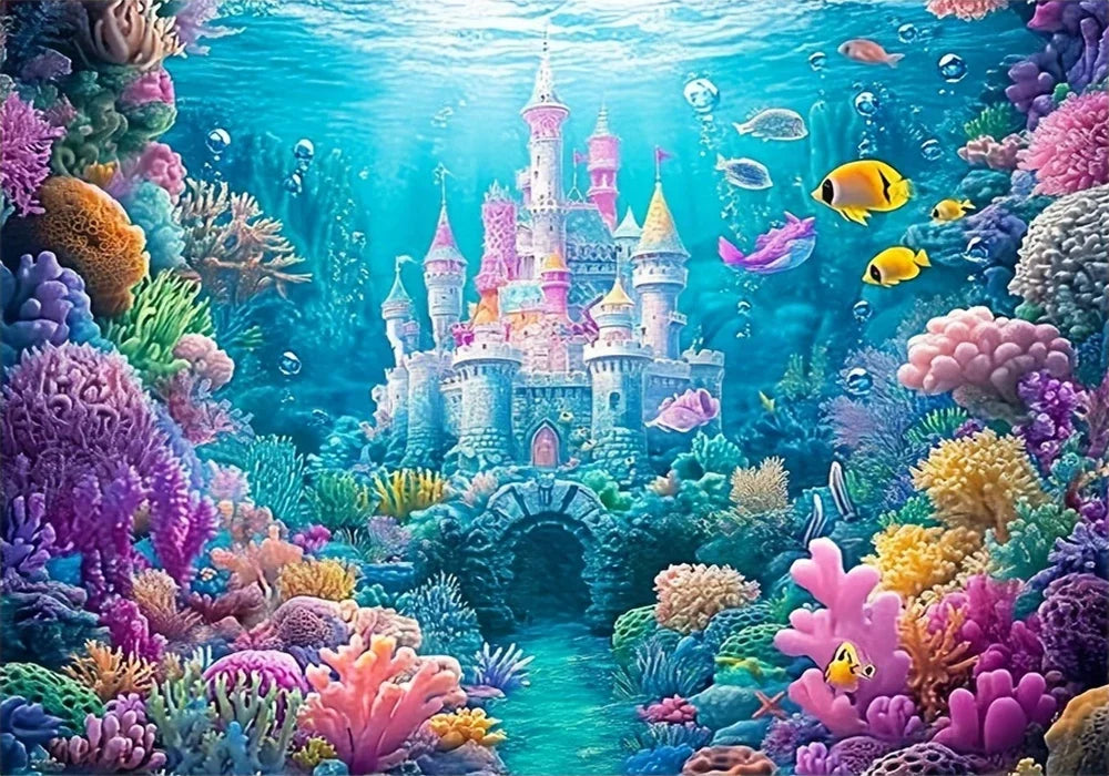 Vibrant underwater scene featuring a detailed castle and colorful coral, sea plants, and fish.
