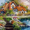 A picturesque forest house with a terracotta roof and surrounding greenery, featuring a stone pathway and water feature.