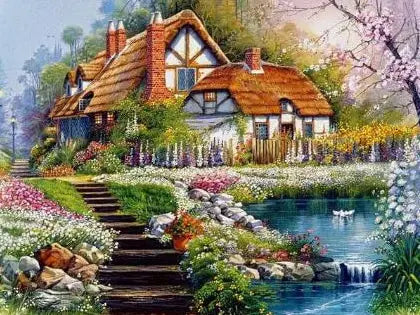 A picturesque forest house with a terracotta roof and surrounding greenery, featuring a stone pathway and water feature.