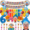 Colorful balloon party decorations featuring circus clowns and balloons for a child's birthday