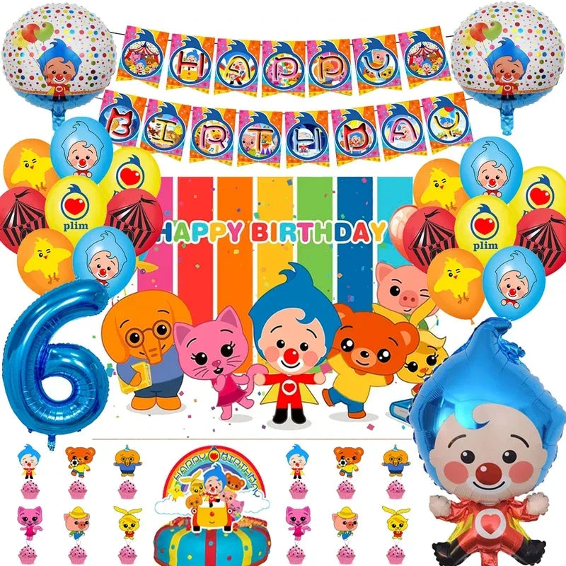 Colorful balloon party decorations featuring circus clowns and balloons for a child's birthday