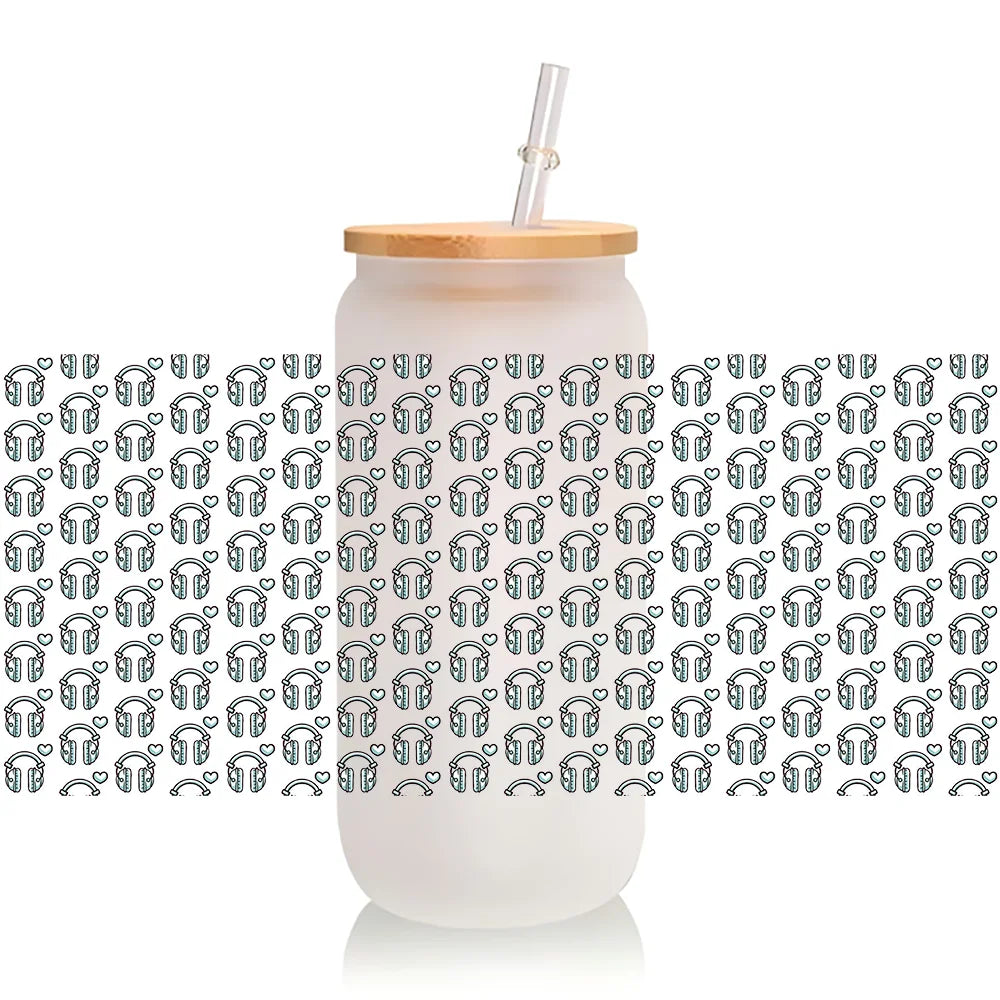 A white cup wrapped with waterproof makeup-themed decals for 16oz Libbey glasses.
