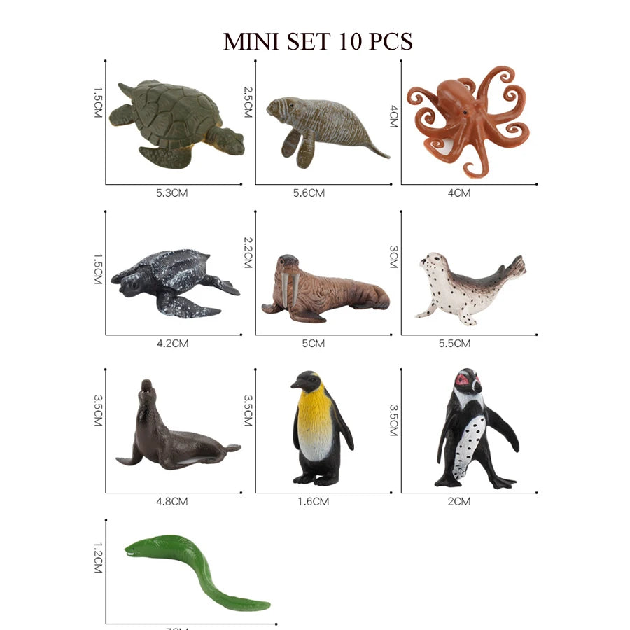 A set of 10 realistic mini ocean animal figurines including a whale, shark, dolphin, turtle, and penguin.