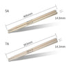 Two pairs of maple wood drumsticks are shown, labeled 5A and 7A, with dimensions provided.