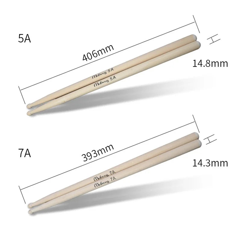 Two pairs of maple wood drumsticks are shown, labeled 5A and 7A, with dimensions provided.