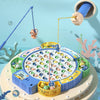 A dual-use magnetic fishing toy featuring a rotating plate with various fish and sea creatures for easy fishing experience.