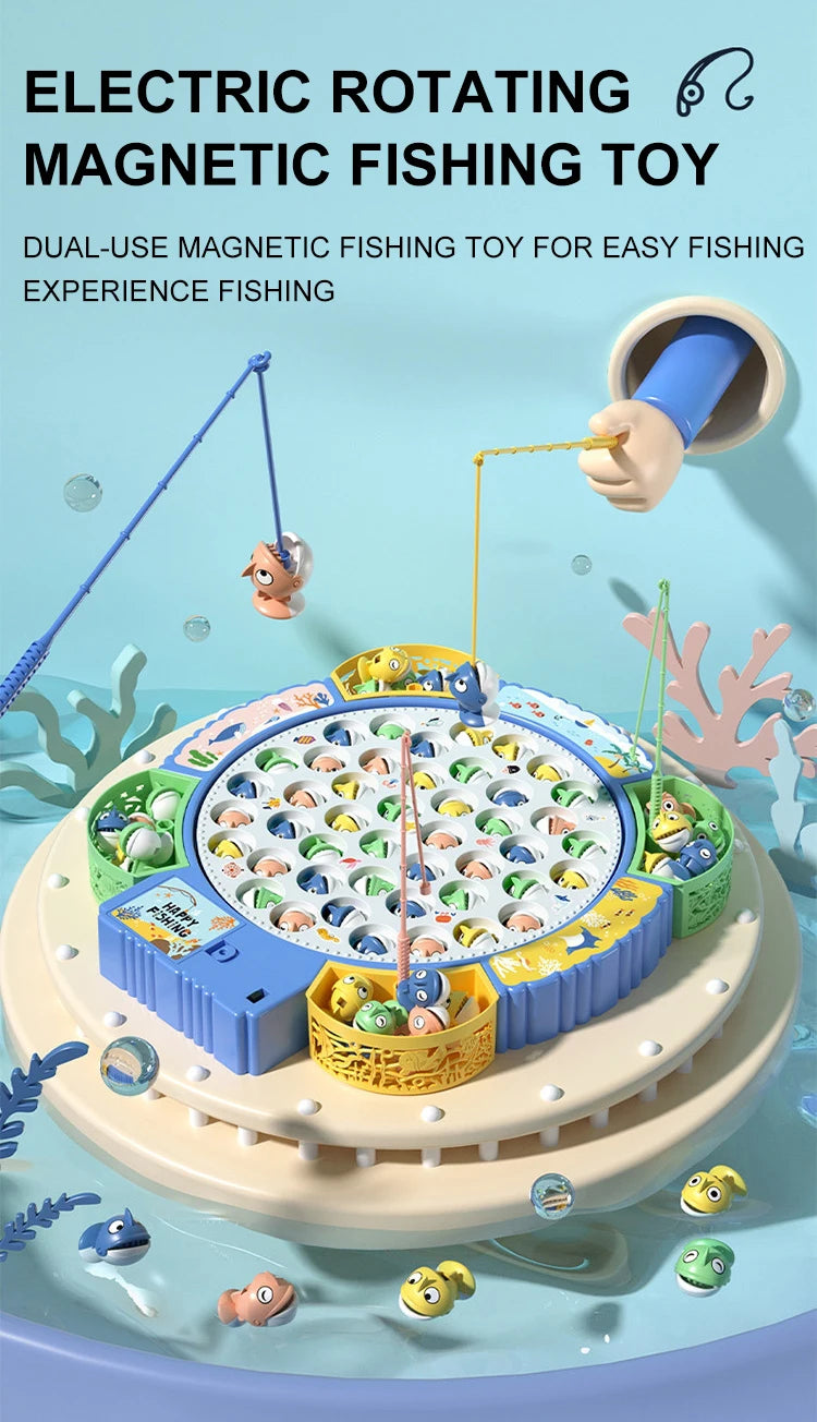 A dual-use magnetic fishing toy featuring a rotating plate with various fish and sea creatures for easy fishing experience.