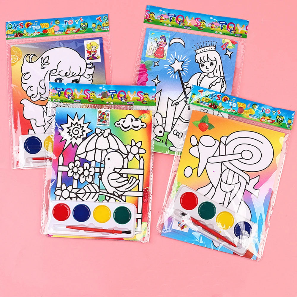 A collection of colorful DIY cartoon coloring painting kits featuring various characters and designs for children.