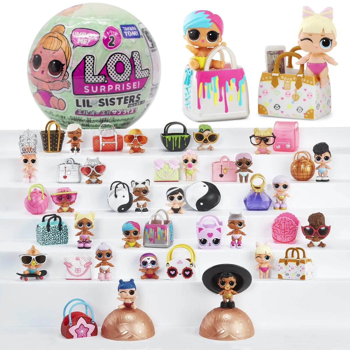 A LOL Surprise! Lil Sisters Series 2 blind ball with pink and green colors and accessories.