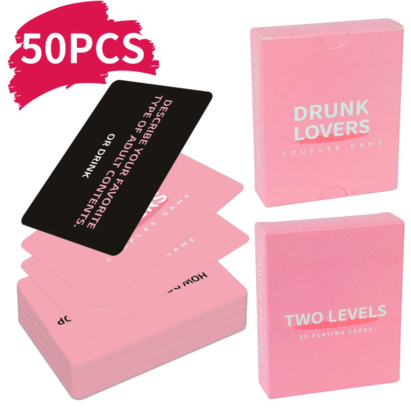 A box set of 50 playing cards for a couples game titled Drunk Lovers