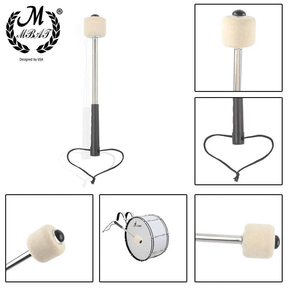 Two professional wool felt bass drum mallets with non-slip handles shown in various views.