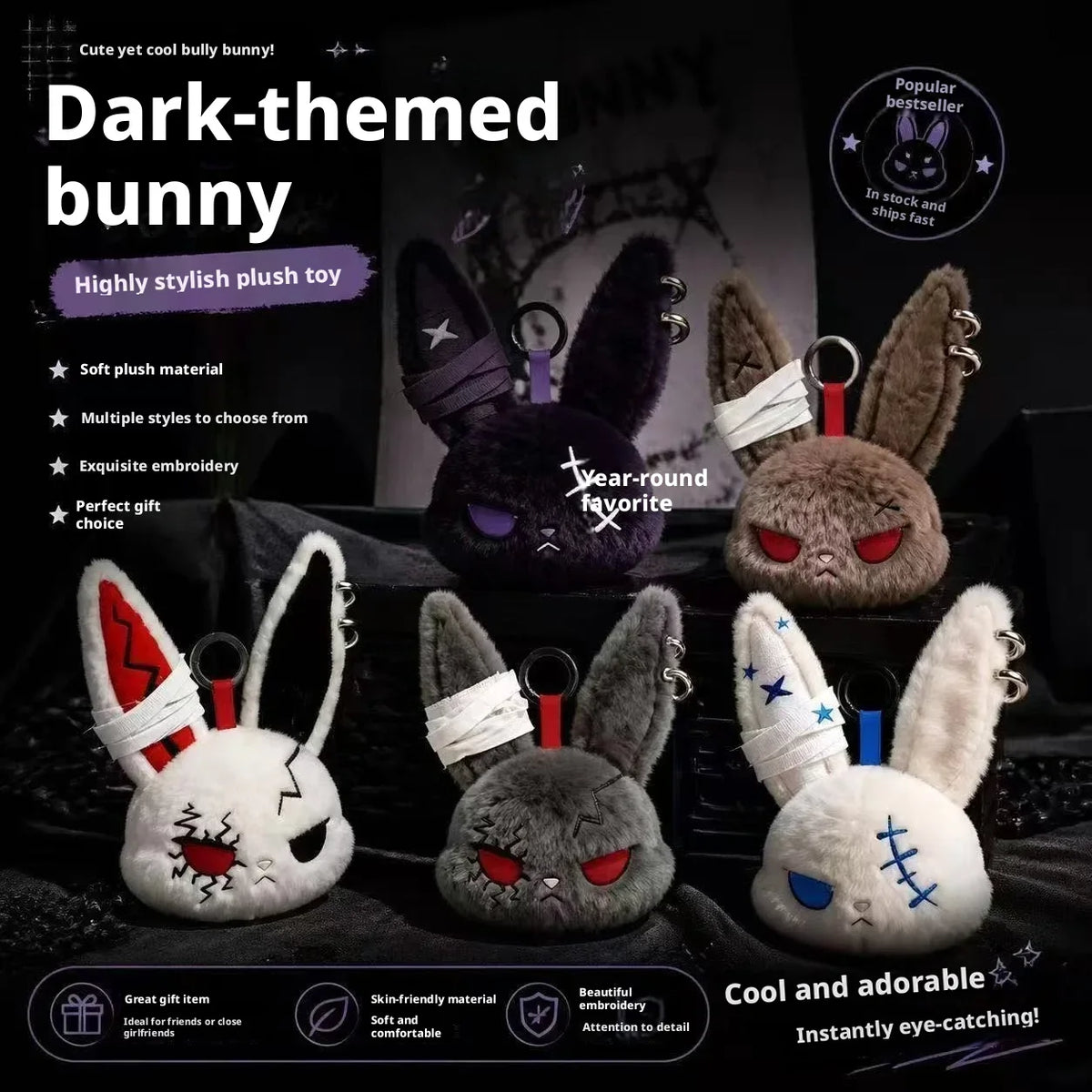 Dark-themed bunny plush toy with embroidered features and a bandage design.