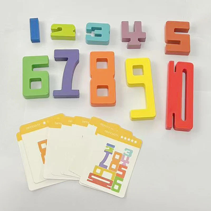A set of wooden number building blocks in various colors and double-sided cards for early math learning.