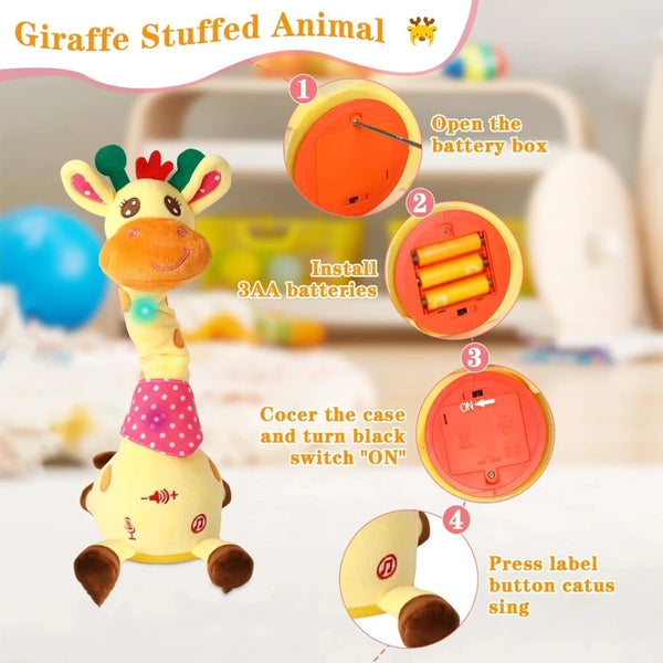 A yellow giraffe stuffed animal toy demonstrating four steps for operation.