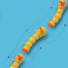 A yellow and orange multi-jointed caterpillar crawling toy demonstrating flexible walking.