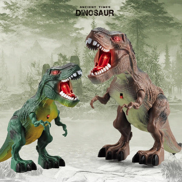 A detailed model of a dinosaur robot toy with green and brown coloring is shown in a forest setting.