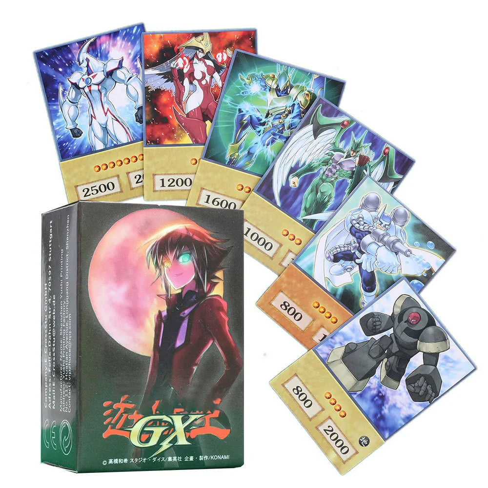 A collection of Yu-Gi-Oh! anime style cards featuring classic monsters and Egyptian gods, packaged in a box.