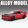 A red diecast model of a Dodge Challenger SRT Hellcat muscle car.