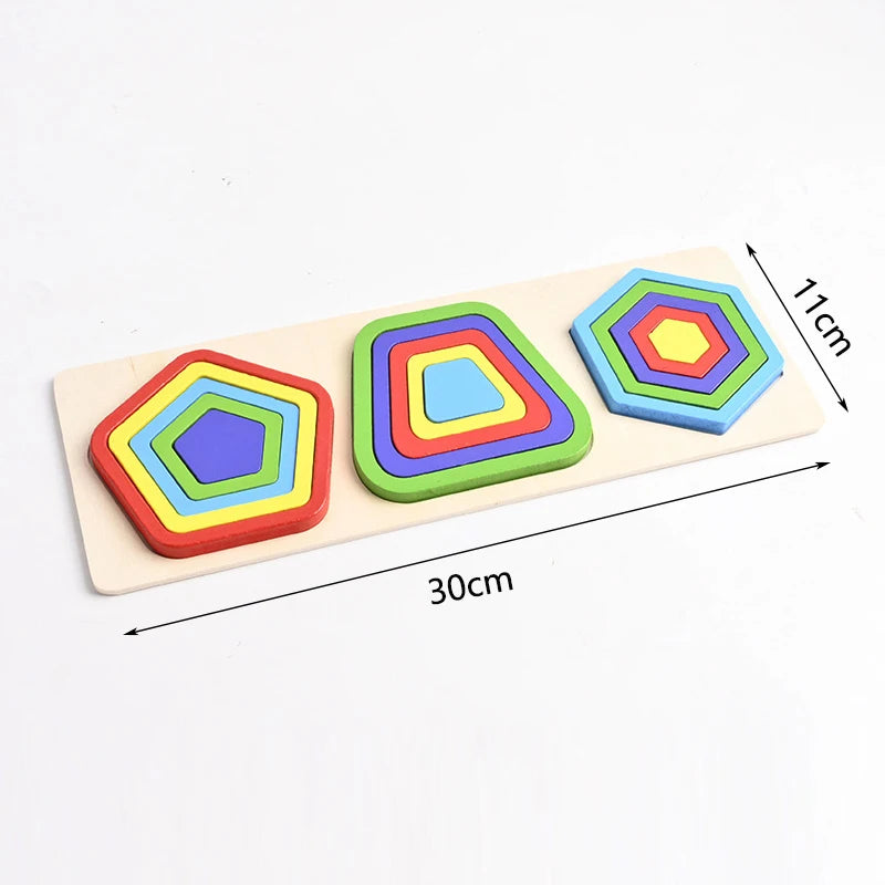 A wooden shape and color sorter puzzle for toddlers featuring five colorful geometric shapes on a light wooden board.