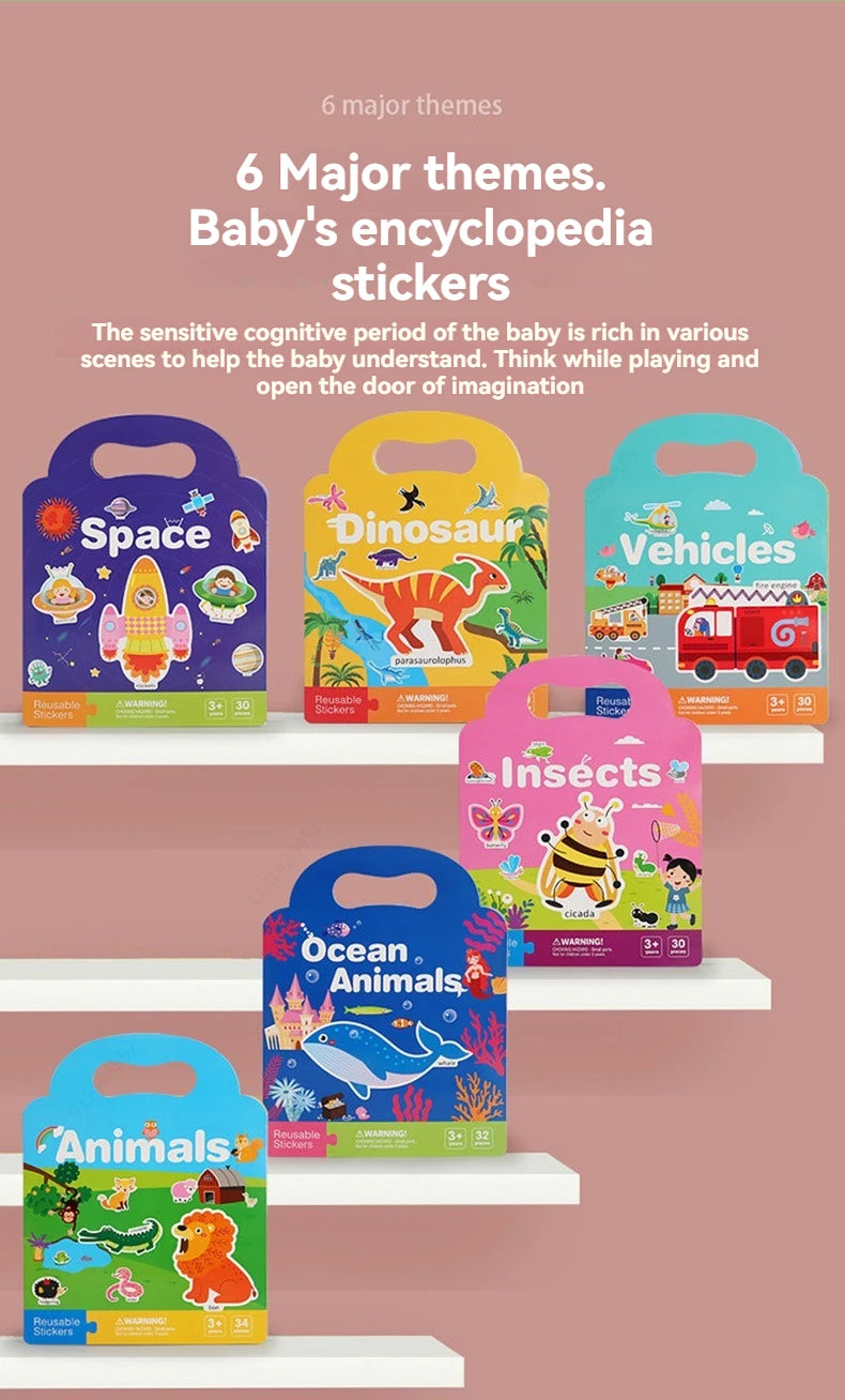 A set of six major themes encyclopedia stickers for babies including Space, Dinosaur, Vehicles, Insects, Ocean Animals, and A