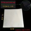 A flat, clear plastic record sleeve is shown next to a measuring tape, indicating its dimensions are 32cm by 32cm with a 3cm 