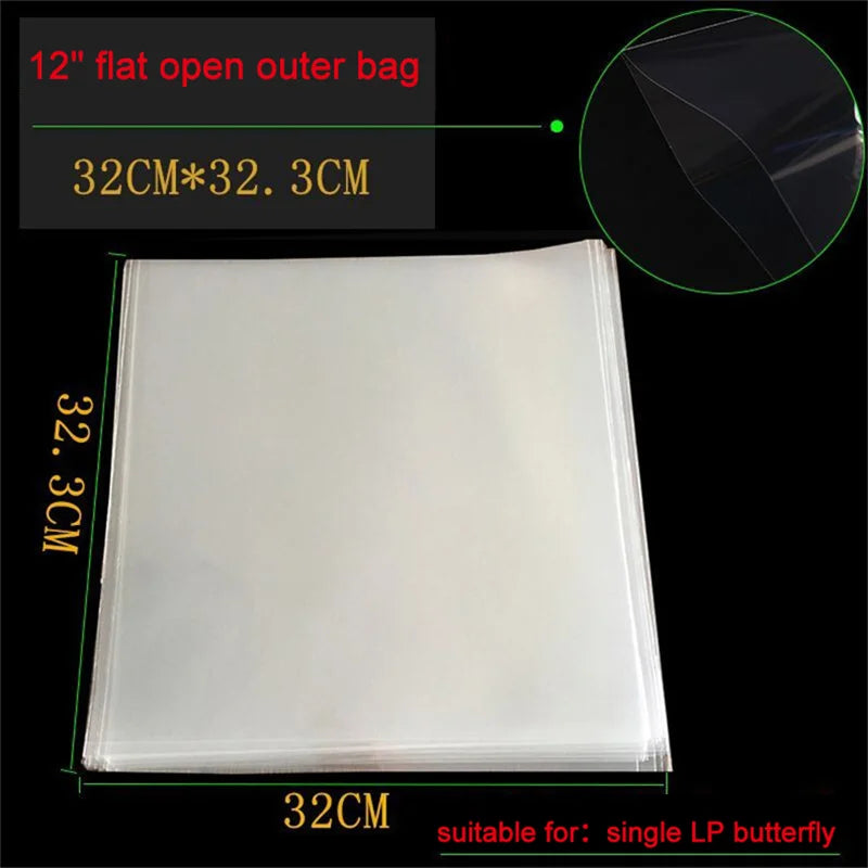 A flat, clear plastic record sleeve is shown next to a measuring tape, indicating its dimensions are 32cm by 32cm with a 3cm 