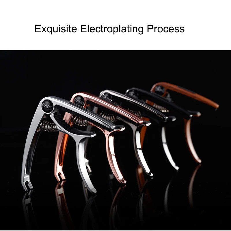 A set of professional metal guitar capos featuring various colors and pick holders.