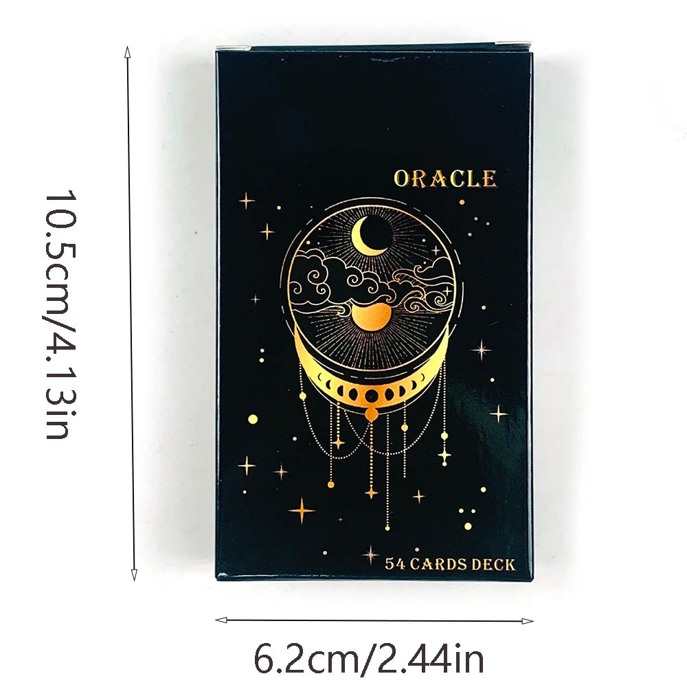 A rectangular black box containing a 54-card oracle deck featuring a crescent moon and stars.