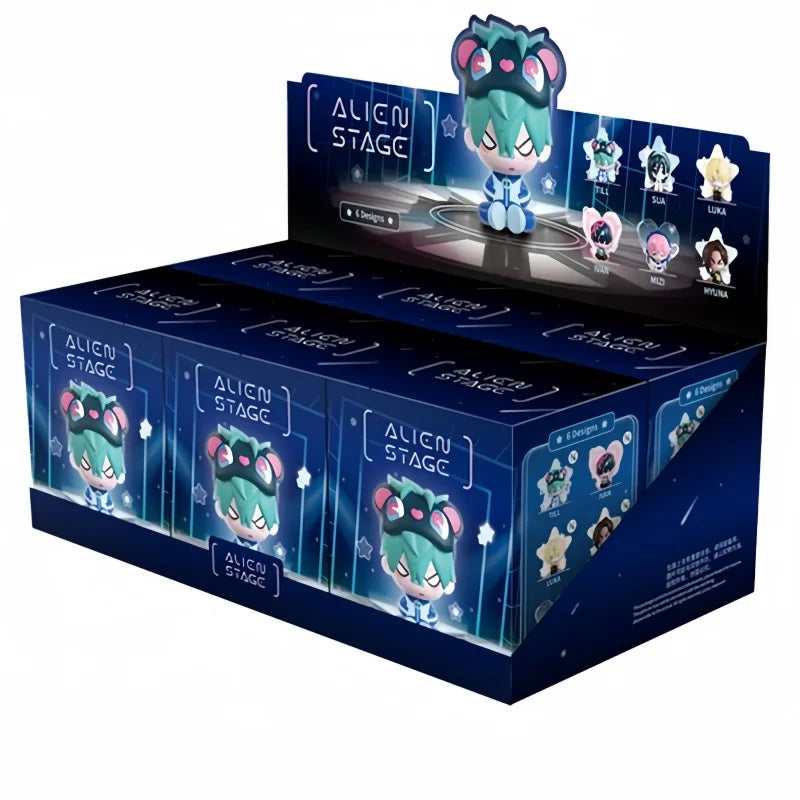 A box of Alien Stage blind box mini figures featuring a character with green hair and purple accents.
