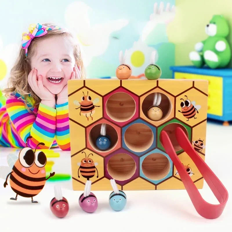A wooden bee trap game featuring colorful clip beads and wooden components for fine motor skill development.