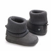 A pair of gray baby winter snow boots with ribbed cuffs and fuzzy ball accents.