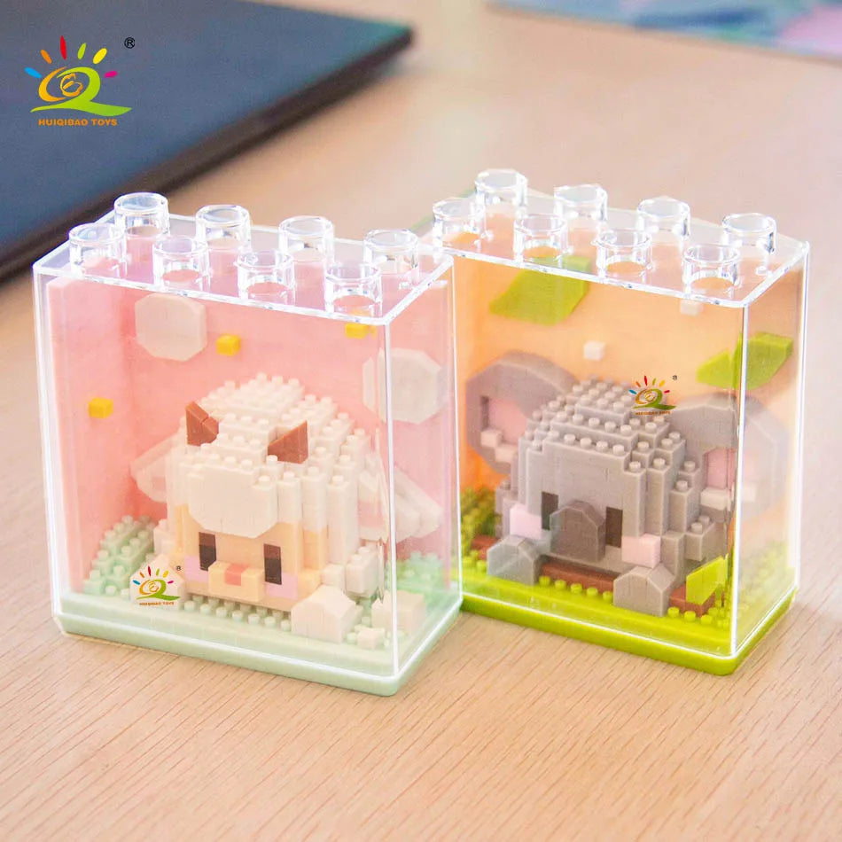A clear plastic display box of adorable panda micro building blocks set with various colored pieces.