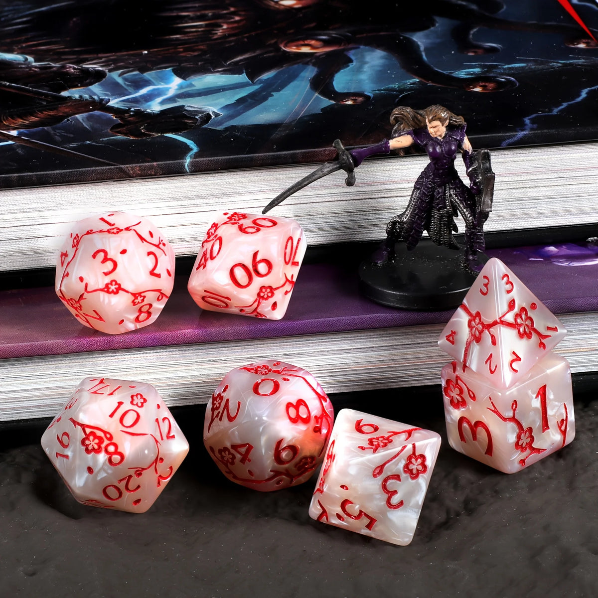Plum Flower Polyhedral Dice Set (7 Pieces)