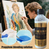 A bottle of acrylic painting medium is shown next to an artist painting on a canvas.
