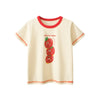 A cream-colored short-sleeve cotton t-shirt featuring a graphic of three red tomatoes with the text GREEN FOOD printed on the