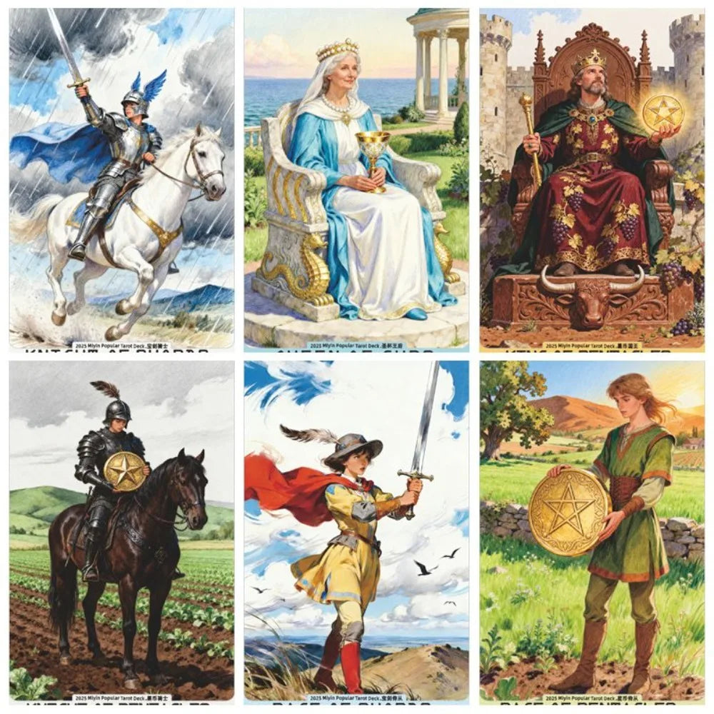A collection of eight painterly illustrations from a tarot deck featuring historical figures, warriors, and nature scenes.