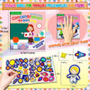 A hand demonstrates the size of a reusable sticker book for toddlers featuring animal scenes and preschool learning activitie