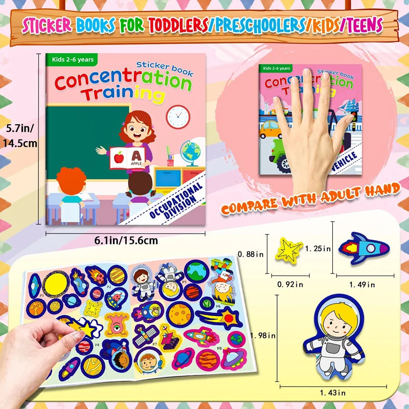 A hand demonstrates the size of a reusable sticker book for toddlers featuring animal scenes and preschool learning activitie