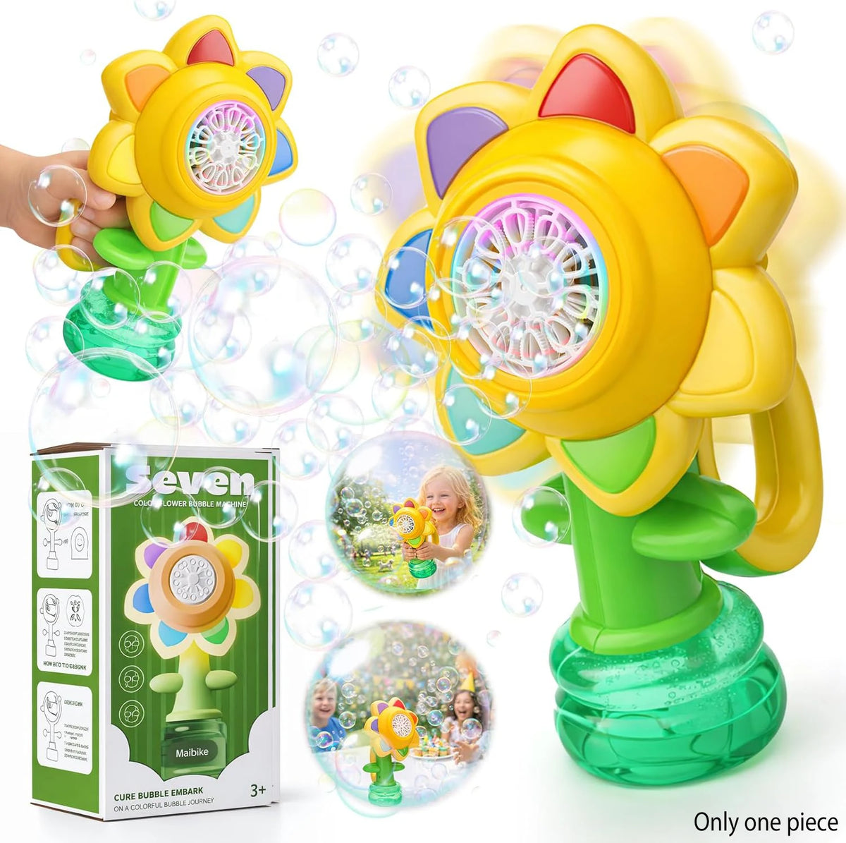 A yellow sunflower bubble blaster toy with LED lights and green accents, shown in use.