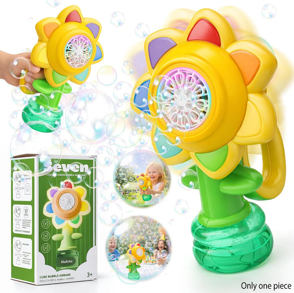 A yellow sunflower bubble blaster toy with LED lights and green accents, shown in use.