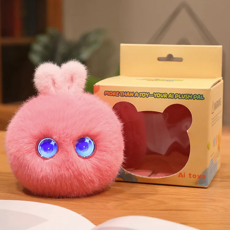 A pink plush rabbit pendant with blue eyes is displayed next to its packaging box.