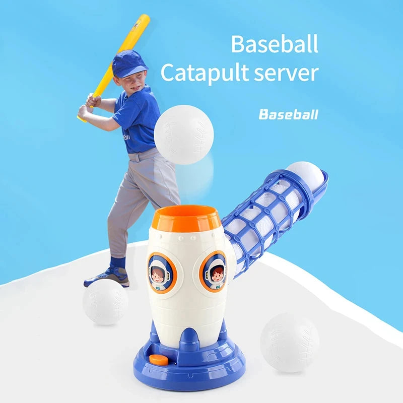A boy is operating a baseball catapult server which launches a ball, with the machine and bat visible.