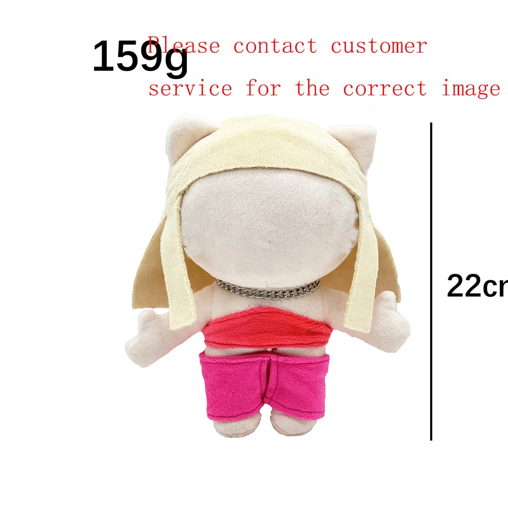 A plush doll resembling a person wearing a yellow headband and pink clothing.
