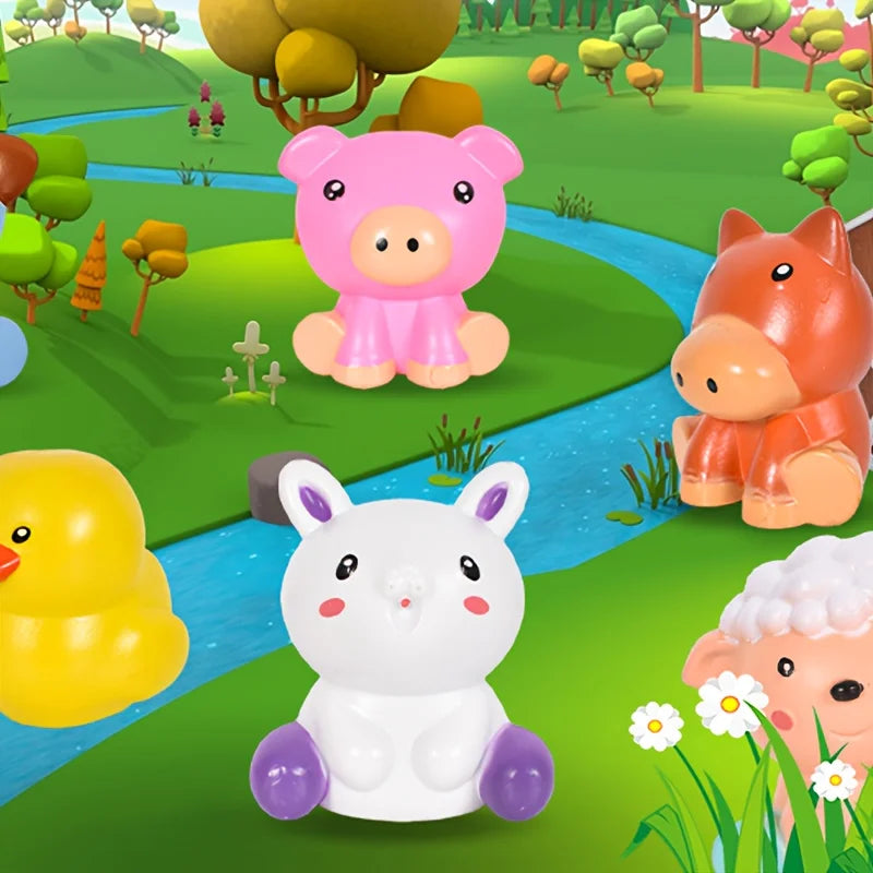 A collection of colorful farm animal toys including a pink pig, an orange fox, a yellow chick, and a white rabbit, set in a g