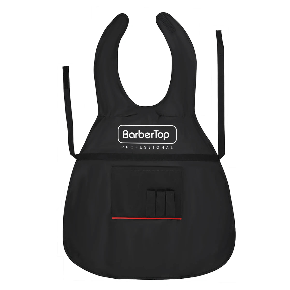 Black waterproof barber apron with adjustable straps and a storage pocket